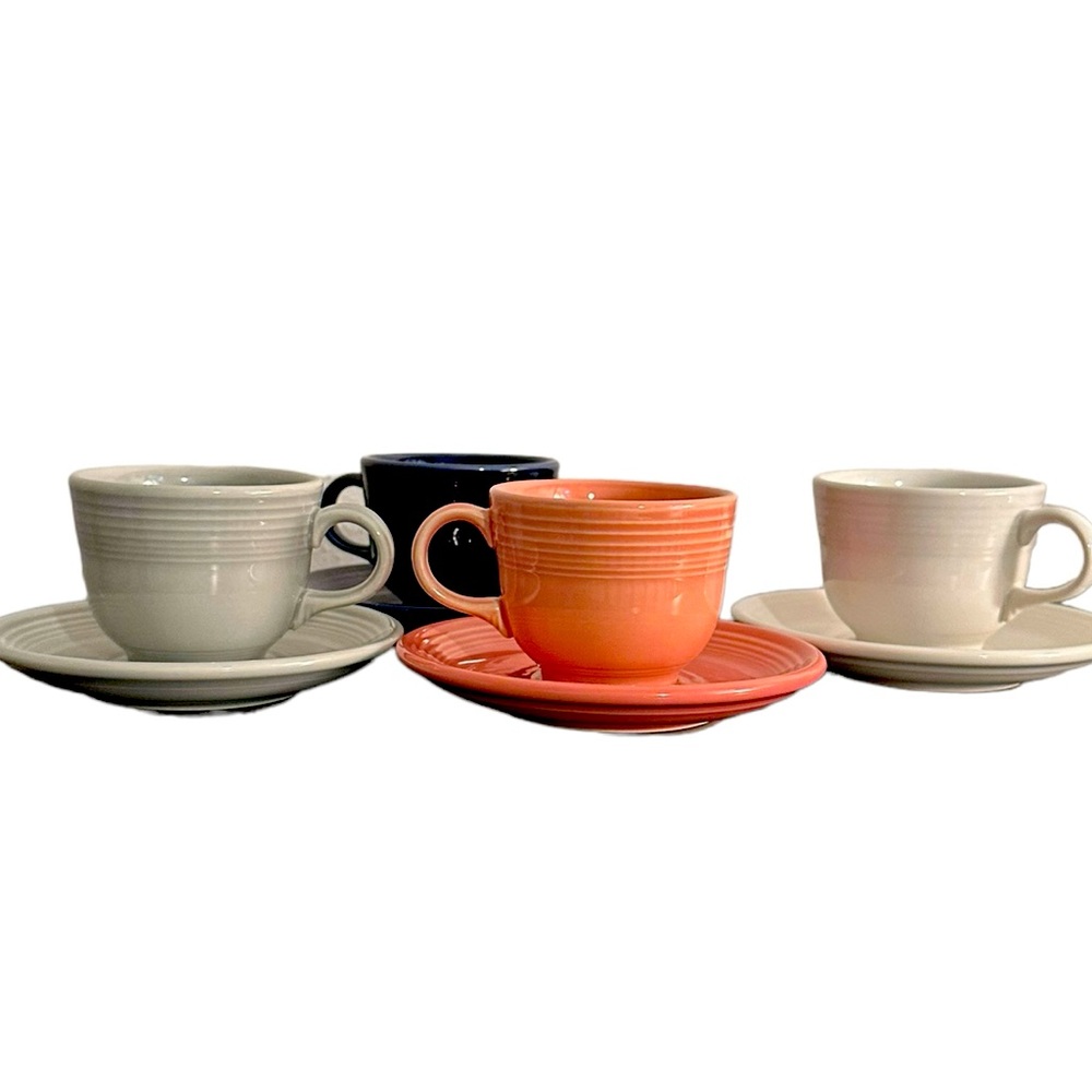 Fiesta by Homer Laughlin cups & saucers. Set of 4. Coral, gray, navy, & white.